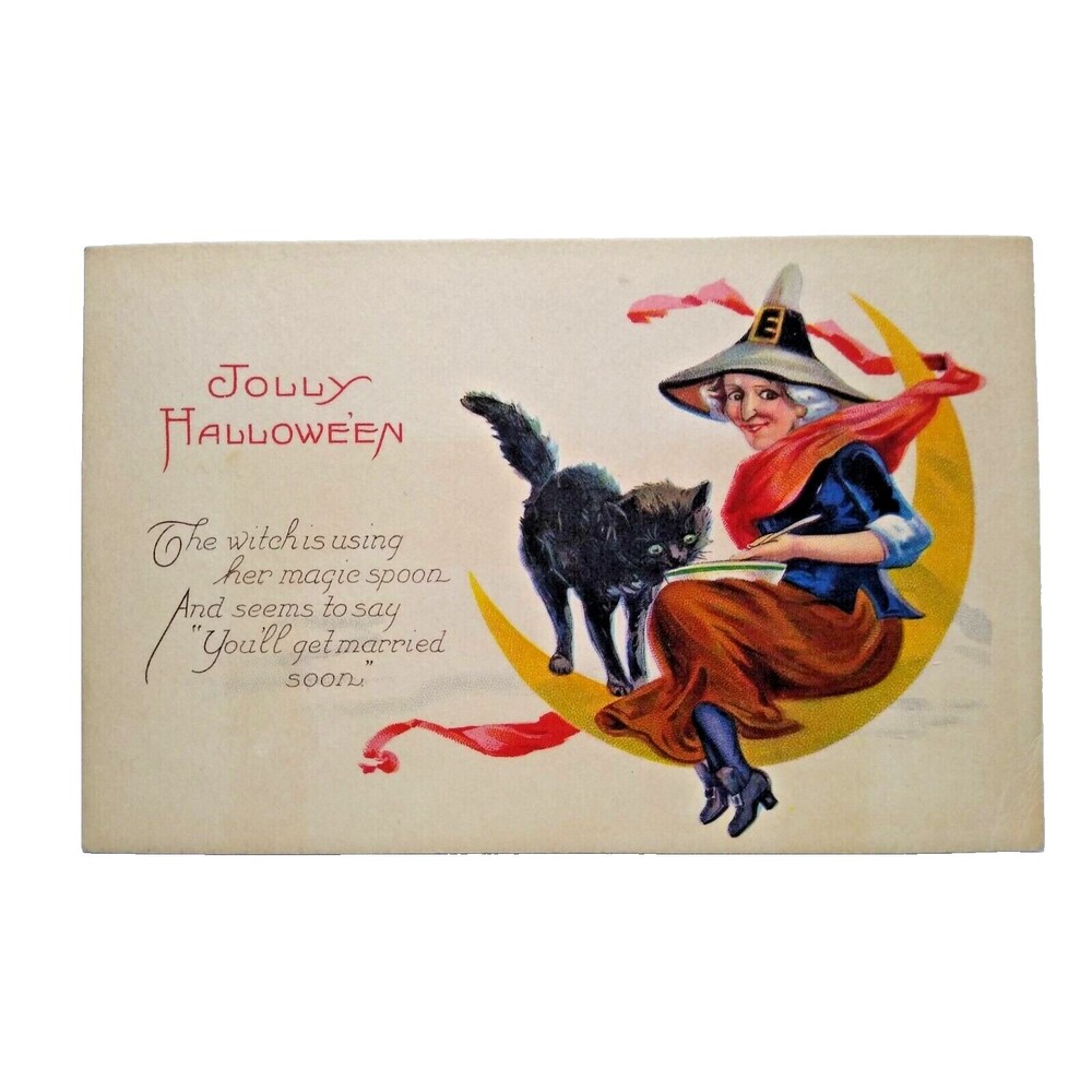 Antique Halloween Postcard Witch Black Cat On Crescent Moon Fantasy Stecher 1238